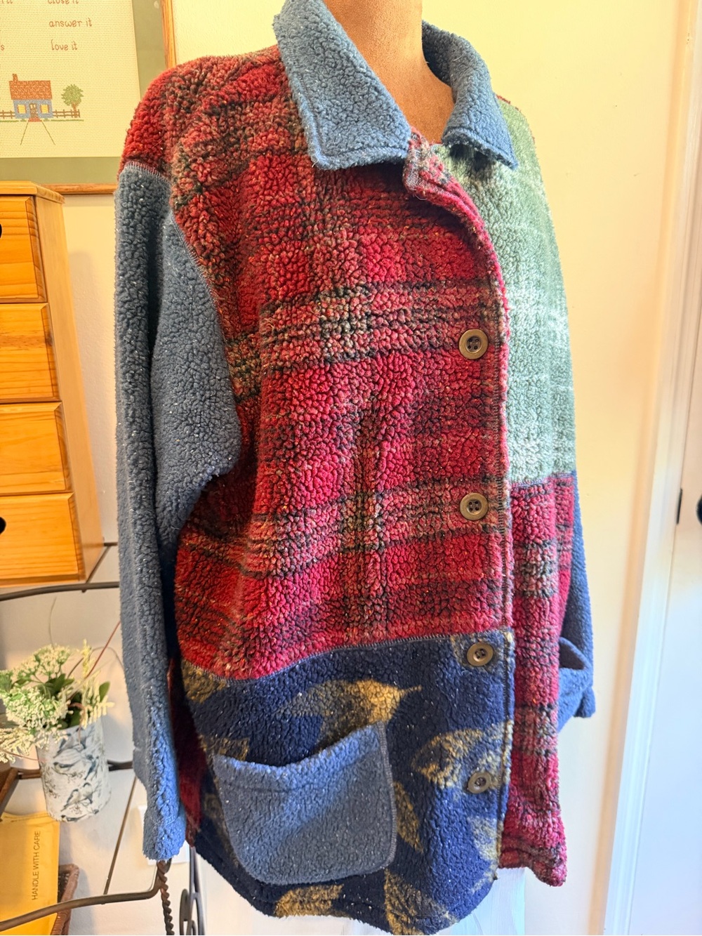 Vintage Koret City Blues Patchwork Fleece Button Up Jacket | Colorblock L/XL - Picture 2 of 11